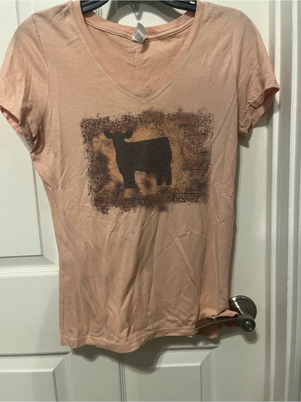Peach V-Neck Tee with Black Cow Graphic